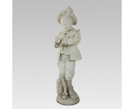 Oscar SPALMACH (1864-1917), Carrara marble statue of a young boy in 18th century costume with lace jabot and tricorn hat with