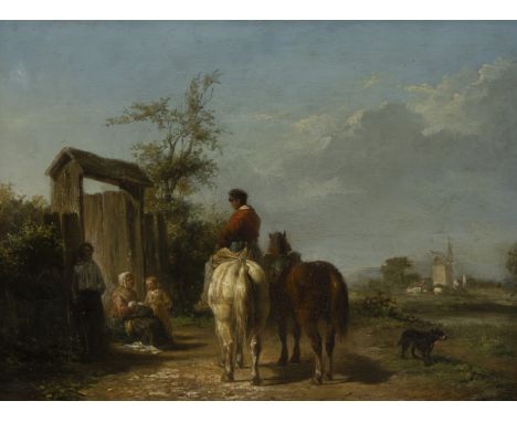 19th century romantic-realistic landscape painting, oil on panel Peasant figures at a gate with horseman and mill, Dutch Roma