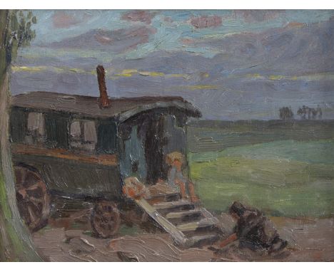 Raphael DE BUCK (1902-1986), oil on panel Caravan with playing children, signedRaphael DE BUCK (1902-1986), olie op paneel Wo