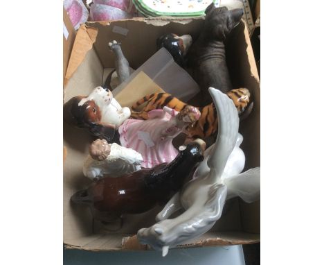A collection of assorted ceramics including Coalport and Royal Worcester figures, various animal figures and a collection of 