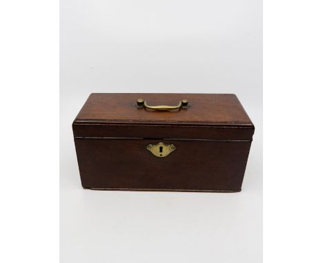 A mid 18th century mahogany tea caddy, of rectangular form, brass handle and escutcheon, three divided compartments,&nbsp;Hei