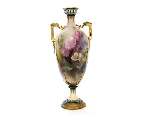 Hadley Worcester twin handled vase, painted with flowers. Date 1837 - 1903. Green mark England.Size 30cm. high.Condition; Cov