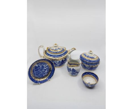 A 19th century Chinese export part tea set, comprising 9 tea bowls H.5 cms, D. 9 cms, seven saucers D 15 cms, slop bowl H 8 c