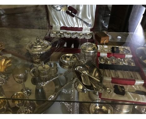 Silver condiment, enamel vesta, hair tidy, three mustard spoons, caddy scoop and ashtray - all silver with various hallmarks 
