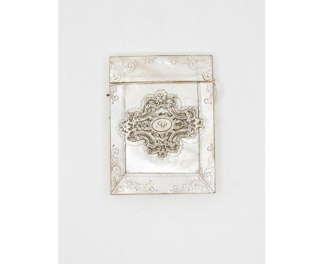 A mother of Pearl card case, the front with applied silver cartouche bearing initials to centre, the corners with simple arab