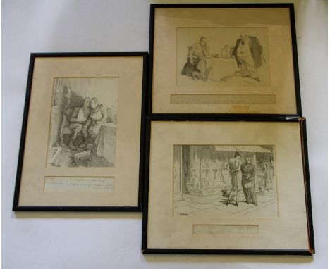 Reynolds, Frank (1876-1953), Three ink pen illustrations, World War I related, pencil phrases below with amendments, one sket
