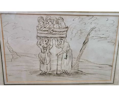 18th Century English school, two ladies holding a basket aloft with four children inside, pen ink sketch, bearing Court galle