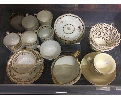 A small collection of six coffee cans, one tea cup, four saucers and one tea cup and saucer. Mostly Derby and a Derby cream j