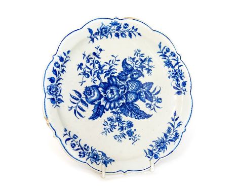 A Worcester blue and white plate, Pinecone pattern, circa 1770.Size 21.5 cm. diameter (approximately).  Condition - Chips to 