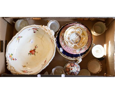 A box of mostly restored or damaged porcelain to include Derby red mark cup and saucer, Coalport tureen, Derby puce mark tea-