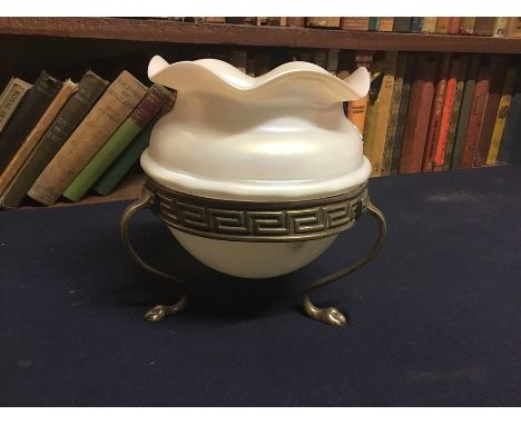 A Loetz iridescent glass bowl on brass tripod stand, ovoid form with crimped rim, pearl lustre, 18cm high
