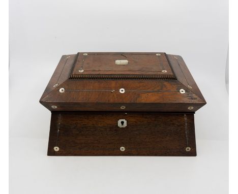 A mid 19th century rosewood and mother of pearl inlaid teacaddy of sarcophagus form, the interior fitted with two tea caddies