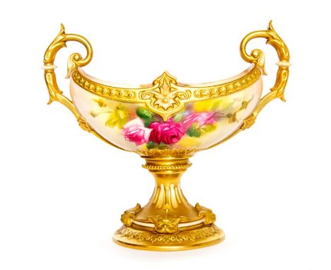 A Royal Worcester  boat shaped twin handled pedestal vase, painted  with roses. Signed Spilsbury.  Shape 194 H. Date 20th cen