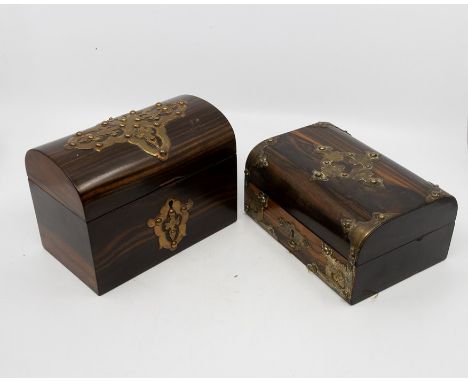 A Victorian coromandel two section tea caddy, with applied brass mounts, domed form, H. 13 cms, L. 17.5 cms, D. 10.5 cms, &nb