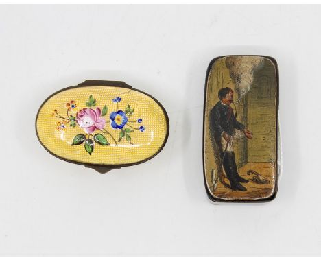 A George III patch box with hand painted decoration on a laquered ground, together with an enamelled patch box, with floral d