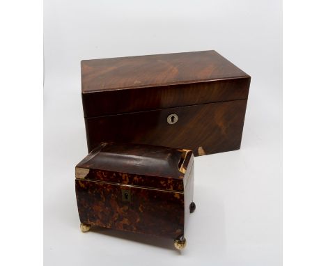 A late 19th century tea caddy with interior fitments&nbsp;H. 15 cms, L. 27.5 cms D. 15 cms, along with a small tortoiseshell 
