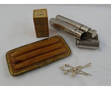 Two cigar cases - English pewter cigar and flask case made in Sheffield. Cigar case textile and metal. 6 miniature clay smoki