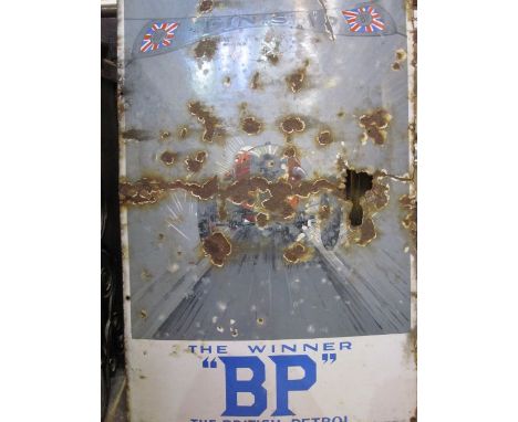 'The Winner BP the British Petrol' 1920's enamel metal advertisement board / sign. Significant damage and rust. 106 x 69cm