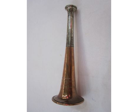 Silver regimental table lighter in the shape of a horn, engraved, presented to HQ Mess R.A.S.C by Major Doctor Brodie.R.C.A.S