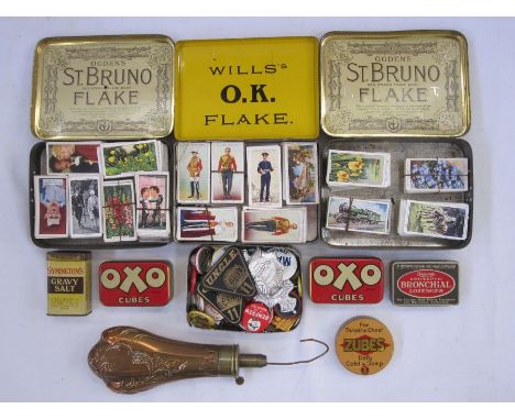 19th century military copper powder flask,&nbsp;assorted collectable  button badges and pins including Z cars, Man From U.N.C