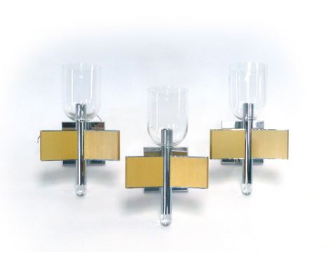Gaetano Sciolari, a suite of 'Domino' lighting including a brass and aluminum five branch chandelier, a three branch chandeli