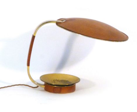 A 1960's Hermes leather and brass table lamp with a key dish CONDITION REPORT: Heavy wear, pitting, discolouration, top detac