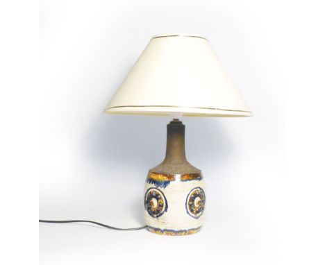 A 1960's/70's Swedish pottery table lamp, the cream ground with blue and brown geometric glazes, h. 30 cm CONDITION REPORT: W