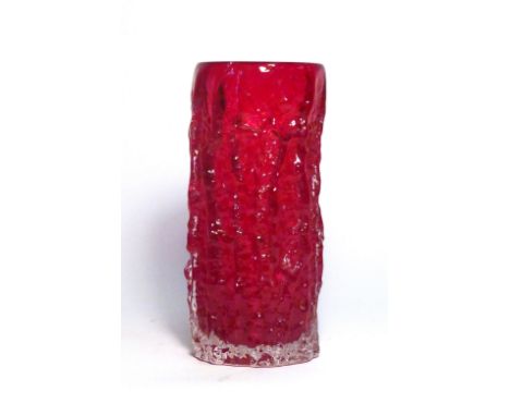 A Whitefriars ruby red 'Bark' vase of cylindrical form, h. 23.5 cm CONDITION REPORT: No obvious chips, cracks or restoration