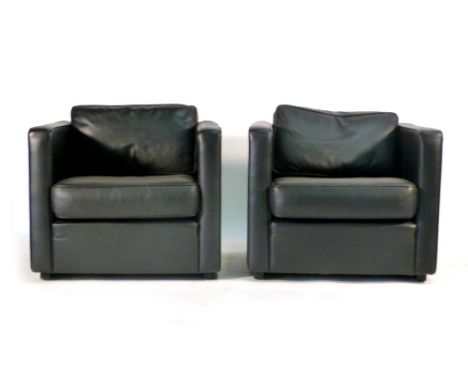 A Danish black leather three piece suite manufactured by Erik Jorgensen CONDITION REPORT: Label to base of sofa. No obvious r