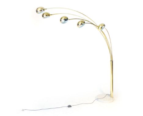 A 1970's Swedish brass sectional standard lamp, the 'arc'-type shaft supporting five shades, on a single column and marble ba