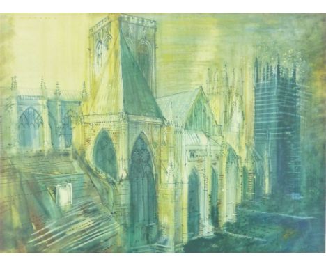 After Sir John Piper,
York Minster,
coloured reproduction,
44 x 33 cm,
together with 'Path in Wood II' after Graham Sutherlan