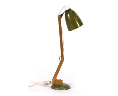 A 1960's green tole and faux wooden adjustable desk lamp CONDITION REPORT: Working order unknown