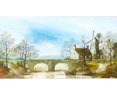 R. Folland,
'Windmill Mooring',
signed,
oil on canvas,
40 x 75 cm CONDITION REPORT: framed dimetions for image only some wear