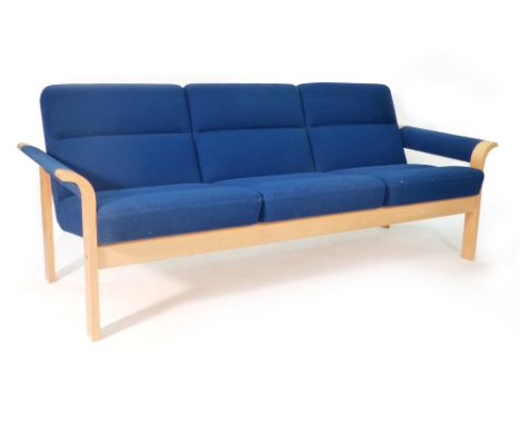 Magnus Olesen for Durup, a beech framed three seater sofa with blue upholstery