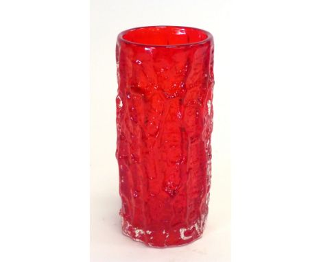 A Whitefriars ruby red 'bark' cylindrical vase, h. 23 cm  CONDITION REPORT: no obvious chips, cracks etc.