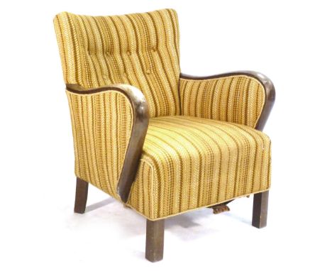 A 1940's stained beech and button upholstered loounge armchair on square straight legs CONDITION REPORT: one crack to arm (ve