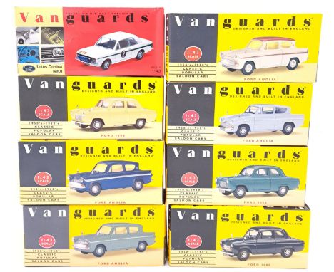 Lledo Vanguards, a boxed 1:43 scale Ford group to include VA04102 Lotus Cortina MkII "Roger Clarke", VA1002 Ford Anglia in Wh