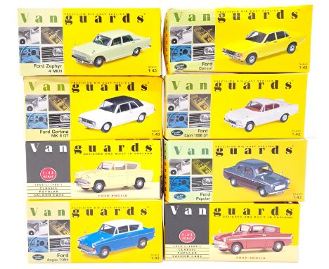 Lledo Vanguards, a boxed 1:43 scale Ford group to include VA00116 Ford Anglia 105 in Blue/White, VA03405 Ford Capri 109E GT i