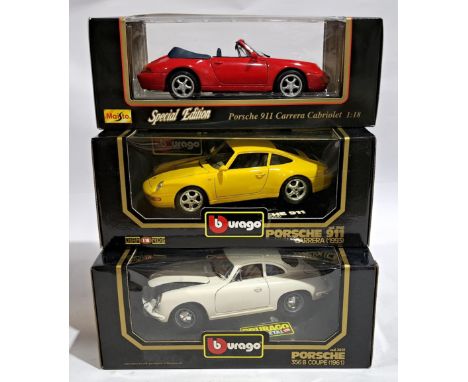 Bburago &amp; Maisto 1:18 scale Porsche Cars, a boxed group. Although unchecked for completeness condition generally appears 
