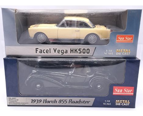 Sun Star, a boxed pair 0f 1:18 scale comprising of&nbsp; No.2401 1939 Horch 855 Roadster &amp; No.3753 Facel Vega HK500. Alth