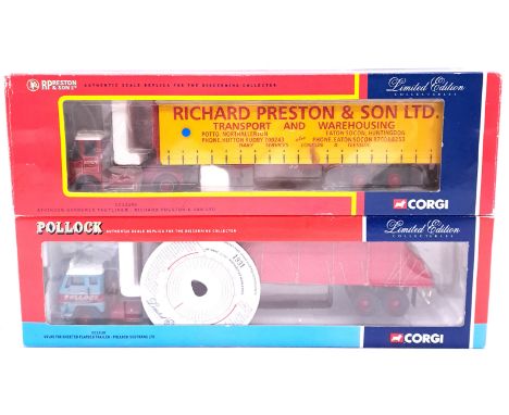 Corgi, a boxed 1:50 scale Commercial pair comprising of CC13107 Volvo F88 Sheeted Flatbed Trailer "Pollock Scotrans Ltd" alon