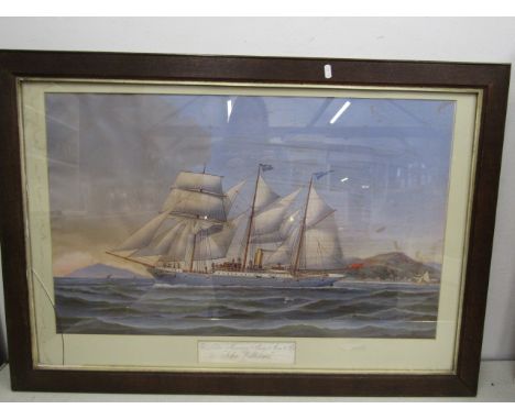 Large antique print of a sailing sail ship 'The John Williams 1893' 100x72cm glass cracked bottom corner