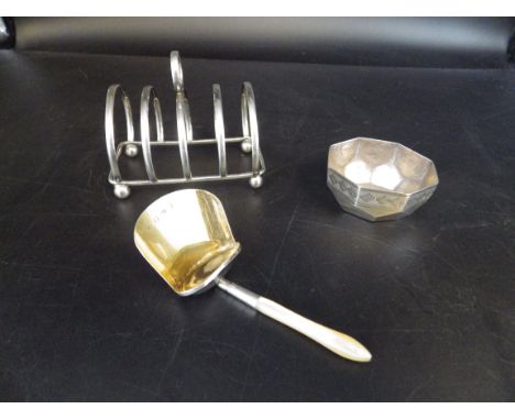Silver gilt hallmarked tea caddy spoon George III 1810, Joseph Willmore, M.O.P handle, a silver hallmarked toast rack Birming