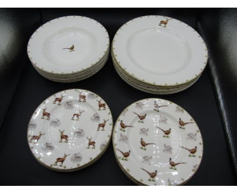Spode 'Glen Lodge' dinner wares decorated with stag's and pheasant's with a fleur d'lis edging comprising 6 dinner plates ( 3