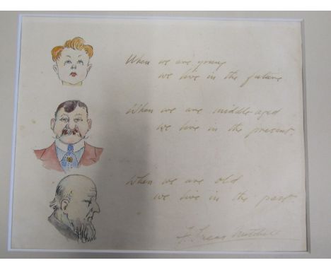 A pen and ink motto with character drawings signed F. Lucas Mitchell, mounted