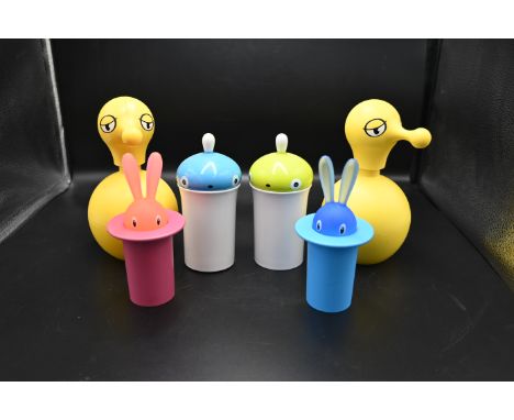 2 Alessi Magic Bunny toothpick holders in blue and pink together with 2 Alessi Pisellino cotton swab holders in blue and gree