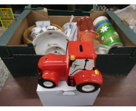 ceramic tractor money box and various kitchen wares&nbsp;