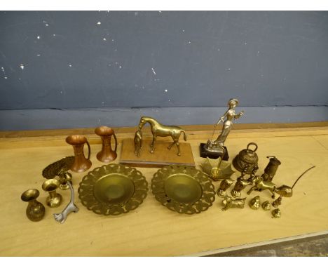 Brass animals, bell and miniature Davey lamp etc&nbsp;