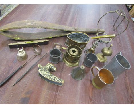 Various collectables inc vintage leather tool, table bell, copper handled vessel and ladles etc etc