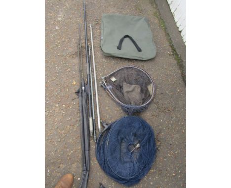 13' Kombat ledger rod, 2 landing nets, keep net with handles in Shakespeare bag